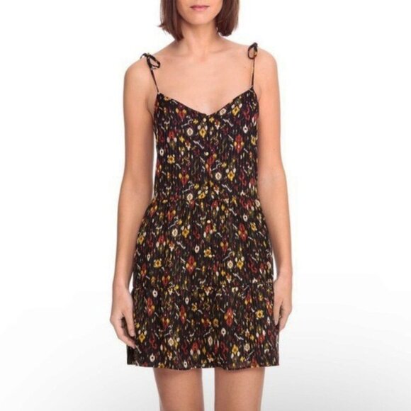 EUC Sezane Felicie Tiered Tie Strap Mini Dress Black Floral 38, 6 - Picture 1 of 8